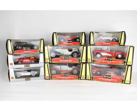 BURAGO; nine diecast scale model boxed vehicles comprising Porsche 356 Coupe, Bugatti Type 55, Alpha Romeo 230 Spider, Merced