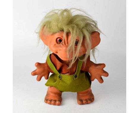 DAM THINGS; a vintage 1963 boy Troll with brown shirt and green dungarees, marked to base, height 28cm.