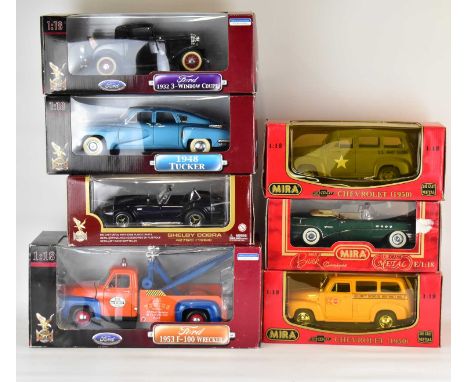 Seven diecast scale model vehicles comprising a Myra Buick 1955 and Chevrolet 1950 (x2) and four Roadlegends examples compris