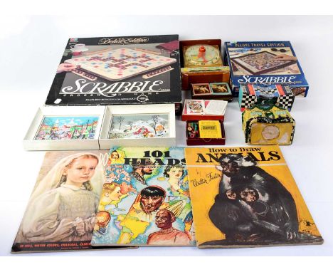 A quantity of vintage games to include 'Deluxe Edition Scrabble', Fisher Price 'Tick Tock Clock', cased sets of cards, 'Scale