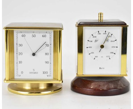 SEWILLS, LIVERPOOL; two desktop timepieces incorporating thermometer, barometer and hygrometer, on swivel base, 11 x 9 x 9cm 