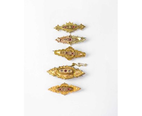 Five 9ct gold bar memory brooches, each set with rubies or garnets, chip diamonds or seed pearls, all stamped 375 (5).Conditi