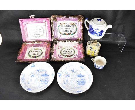 Various items of 19th century ceramics to include four Sunderland lustre square wall plaques, each with religious slogan to t