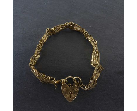 A 9ct gold five bar gate bracelet with heart-shaped padlock clasp, length 16cm, approx. 8.3g.