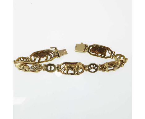 A 9ct gold bracelet with five oval links, each bearing a different animal, Lion, Rhino, Buffalo, Elephant and Tiger, separate