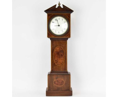 A late 19th/early 20th century miniature longcase clock with break arched top, the white enamelled dial set with Arabic numer