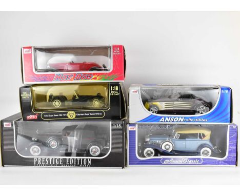 ANSO; five boxed scale model cars comprising a Lotus Super 7 1957-1973, Bentley, Hotrod, Plymouth Prowler and 1932 Cadillac (