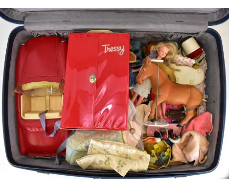 Various vintage dolls and toys to include clothing, Pedigree blue plastic convertible car, horses, furniture, etc.