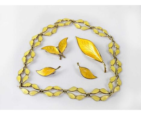 DAVID ANDERSON; a group of silver gilt enamelled jewellery, comprising a pair of yellow enamelled leaf clip-on earrings, a ma