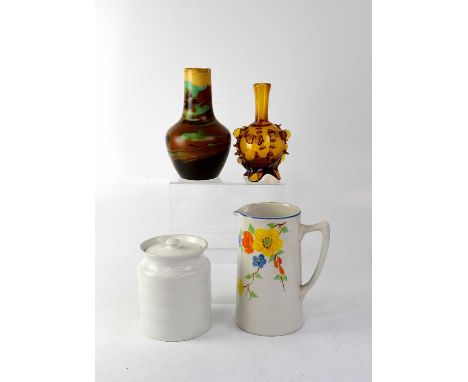 A small quantity of various art pottery and glass to include a sage green coffee service, a vase, barge ware, Buchan blue and