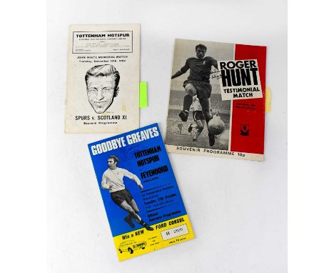 Three testimonial programmes bearing signatures comprising Jimmy Greaves, Tottenham Hotspur, 17th October 1972, John White, T