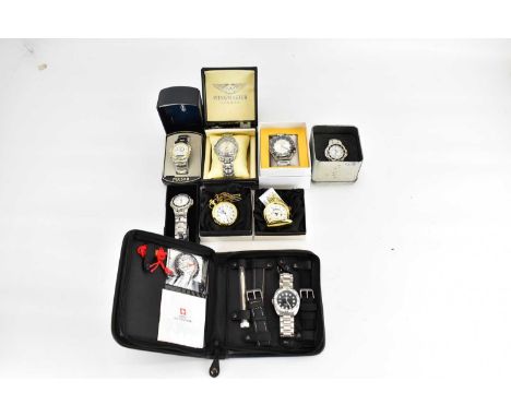 Eight boxed gentlemen's dress watches to include two gold plated pocket watches and a Swiss mountaineer set comprising compas