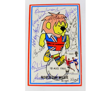 WORLD CUP 1966; a World Cup Willie postcard bearing signatures of the team to include Alf Ramsay, Ray Wilson, Nobby Stiles, B