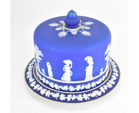A large 19th century Wedgwood-style jasperware cheese dome and base, the dome with acorn finial decorated with applied white 