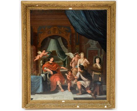 UNATTRIBUTED; a 19th century Continental school oil on canvas, Classical interior scene with artist presenting his work to a 