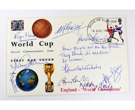 WORLD CUP 1966; a first day cover bearing the signatures of the winning team to include, Roger Hunt, Nobby Stiles, Alf Ramsay