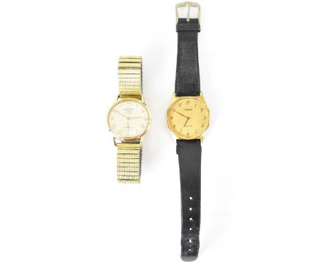 Two gentlemen's vintage watches comprising a Rotary 9ct gold wristwatch, the circular white enamelled dial set with raised Ar