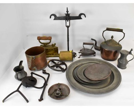 Various items of metalware to include a wrought iron Avery beam scale, copper and brass kettle, five small pewter plates and 