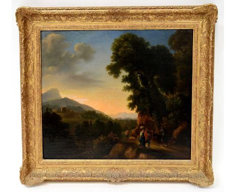 IN THE MANNER OF WILLIAM FREDERICK WITHERINGTON; a late 18th century English School oil on canvas, landscape scene with figur