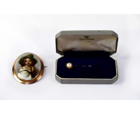 A yellow metal stick pin floral set with single pearl and a yellow metal oval portrait brooch/pendant (2).