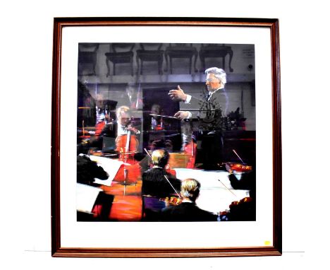 HERBERT VON KARAJAN; a large framed limited edition print, Von Karajan conducting an orchestra, indistinct signature bottom r