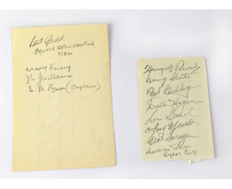 GOLF; a torn page from an autograph book bearing the signatures of the 1936 French Open champion Bert Gadd, and American Ryde