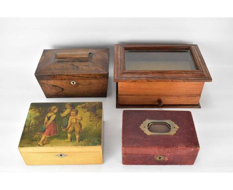 A 19th century mahogany tea caddy of sarcophagus form, 13 x 24.5cm, a 19th century light wood jewellery box with lithograph p