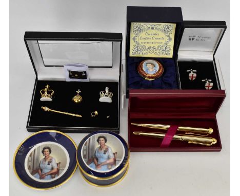 Various Elizabeth II collectibles to include miniature Coronation set, enamelled portrait lidded box, plate, circular box, pe