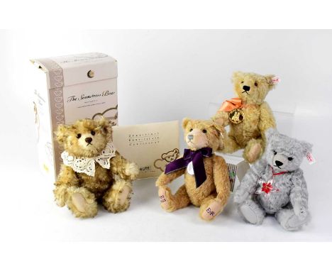 STEIFF; four small bears comprising 'The Seamstress', with lace collar, gold button and white tag, with certificate and box, 