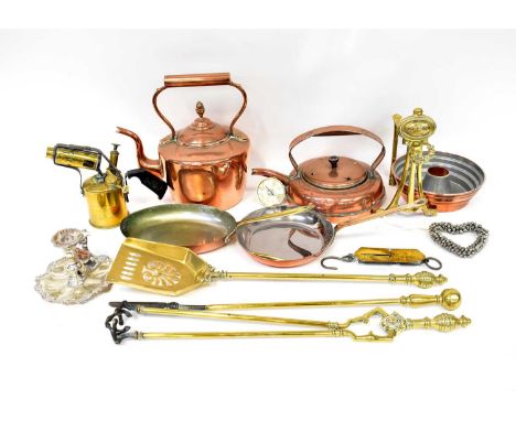 A quantity of mixed copper and brassware to include fire irons, kettles, spirit kettle, together with a silver-plated chamber