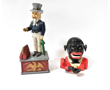 Two reproduction metal novelty articulating money banks comprising 'Jolly Gentleman' and 'Uncle Sam', height of largest 29cm 