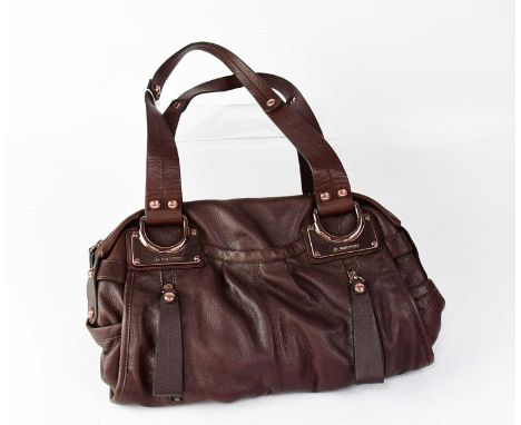 MAKOWSKI; a brown leather handbag with rose-coloured metal fittings, and leopard print interior with several pockets, in dust