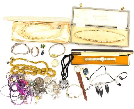 Various items of modern and vintage costume jewellery to include a 1935 rocking horse half silver crown, watches, earrings, p