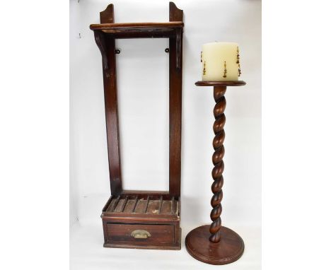 A hallway stick stand with lower shelf, possibly converted from hall stand, 116 x 39cm, together with a modern mahogany twist