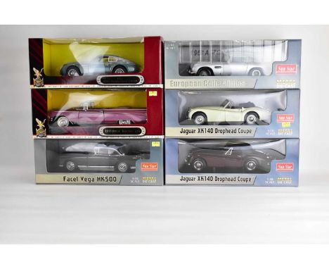 SUN STAR; four scale model diecast vehicles in boxes comprising a Jaguar XK140 Drophead Coupe (x2), a 1963 Aston Martin DB5 a