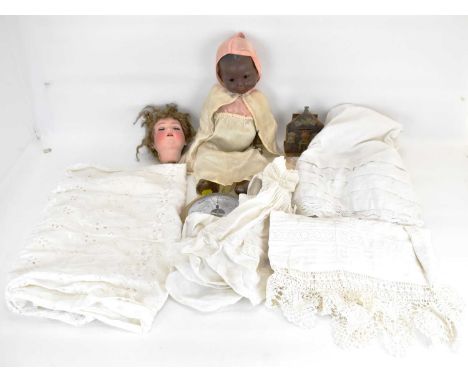 Mixed collectibles to include a tinplate metal money bank in the form of a bank front, a vintage black doll (af), a 19th cent
