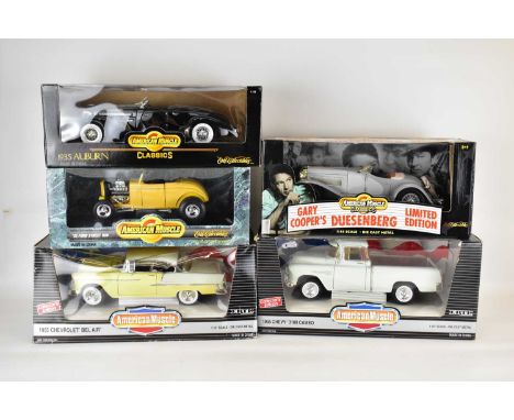 AMERICAN MUSCLE CLASSICS; five boxed diecast scale model vehicles to include Gary Cooper's Duesenberg, 1955 Chevy, 3100 Cameo