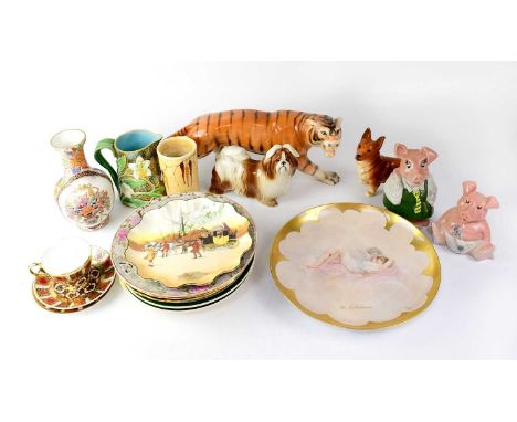 A group of mixed ceramics to include early 20th century plates, a modern Chinese Famille Rose plate, character marks to the b