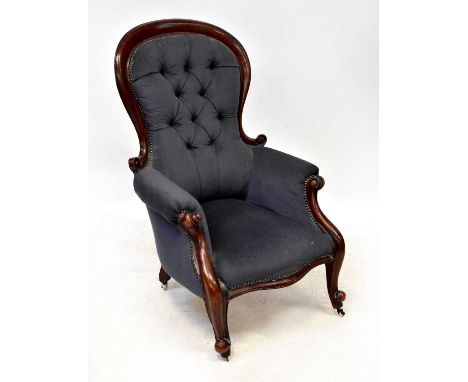 A Victorian mahogany parlour chair, button back upholstered in blue velour, on cabriole legs, height 104cm.Condition Report: 