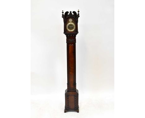 An early 20th century Liverpool-style longcase clock of small proportions, the arched dial set with silvered chapter ring and