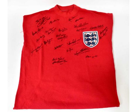 WORLD CUP 1966; a reproduction England 1966 football shirt bearing signatures of the winning team, to include Nobby Stiles, R