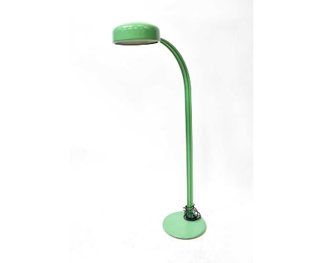A mid-20th century green enamelled standard lamp, with arched support and domed shade, height 128cm.