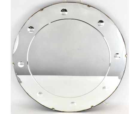 A 1930s vintage circular wall mirror with reverse cut pattern of circles and scalloped edge, diameter 51cm.