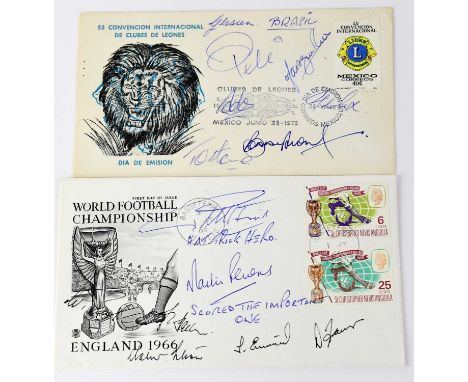 Two first day covers one bearing signatures of the Brazil 1972 team to include Pele, Ado, Felix, the other bearing World Cup 