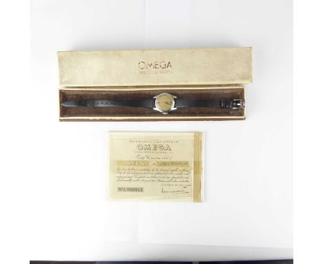 OMEGA; a ladies' vintage chrome wristwatch, the silvered dial set with dots and Arabic numerals, crown wound movement, stainl