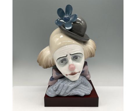 Clown head with bowler hat, colored in gray, rose and blue. Glossy finish; Lladro backstamp. This item has a base included: 6
