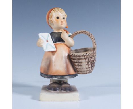 Hand painted figure of a young girl holding a basket and a letter. Goebel backstamp. Artist: M.I HummelIssued: 1960-1972Dimen