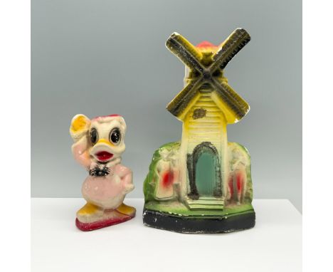 A pair that includes Disney's Donald Duck in a pink sailor's outfit holding a gold coin, and a Dutch windmill adorned in red,