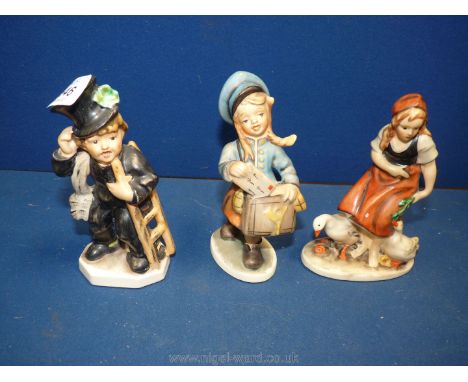 Three West German Bavarian figurines including girl with ducks, postage girl and chimney sweep boy.