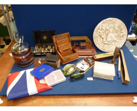 A quantity of miscellanea including clockwork steam train, hide covered desk stand, artists tin, recorder, whistle, Echo harm